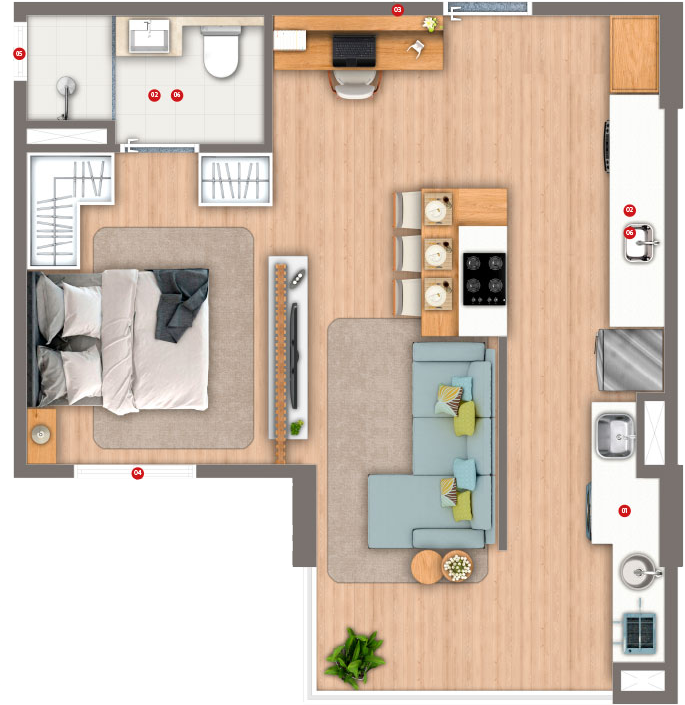 Planta do Apartamento SIVER Resort de 40 m² | 1 dorm | Living Ampliado ou Varanda Gourmet
