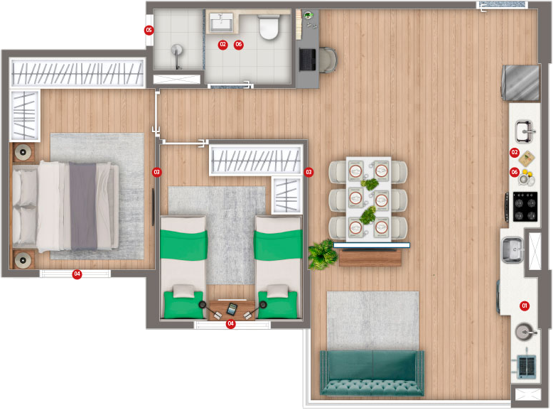 Planta do Apartamento SIVER Resort de 56 m² | 2 dorms | Living Ampliado ou Varanda Gourmet | 1 ou 2 Vagas Planta do Apartamento SIVER Resort de 56 m² | 2 dorms | Living Ampliado ou Varanda Gourmet | 1 ou 2 Vagas