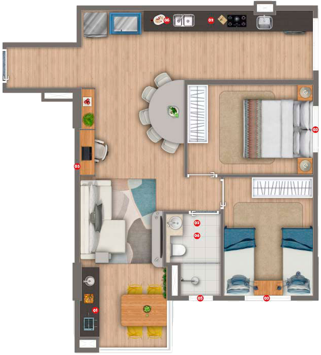 Planta do Apartamento SIVER Resort de 58 m² | 2 dorms | Living Ampliado | 1 ou 2 Vagas
