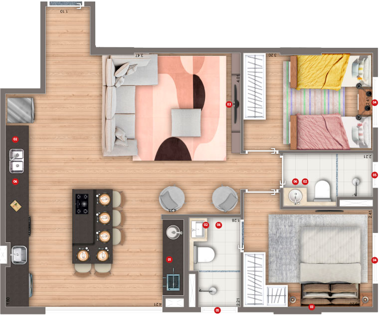 Planta do Apartamento SIVER Resort de 61 m² | 2 dorms | 1 suíte | Living Ampliado | 1 ou 2 Vagas Planta do Apartamento SIVER Resort de 61 m² | 2 dorms | 1 suíte | Living Ampliado | 1 ou 2 Vagas